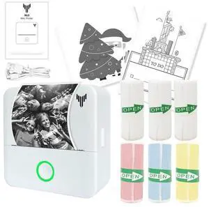 Mini Printer Sticker Thermal Printer with 6 Rolls Paper, Bluetooth Portable Phone Printer,Study Printer for Pictures, Photos, Journals, DIY, Compatible with Phone & Tablet.