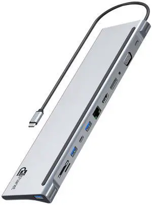 Ethanet USB C Hub, 12-in-1 Multi-Port Laptop Docking Station with 4K HDMI, DP, VGA,100W Power Delivery, USB C Data, USB A, Gigabit Ethernet, SD, MicroSD, 3.5mm Port for MacBook Pro, Air and More