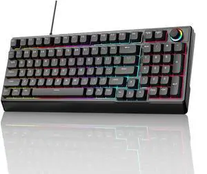 Mechanical Gaming Keyboard with Red Switches:98 Keys with Backlit, Black, Fine-Tune Audio or Brightness Using The Dual-Function knob,17 Lighting Modes,Anti-Ghosting, Wired USB for PC Mac Gaming