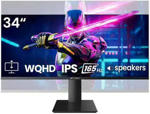 CRUA 34" Gaming Monitor, IPS WQHD(3440×1440P) 144Hz/165Hz Computer Monitor, 21:9 UltraWide Screen, 380cd/m², 120% sRGB, Support AMD FreeSync, Height Adjustable and with Speakers, Wall Mountable-Black