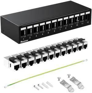 PBAEGAV Patch Panel 12Port with 12pcs Cat6A Keystone JackEC Listed Shielded No Rust and Durable (1U 12Port Cat6A Keystone Jack Shielded)