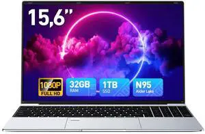Wvryrv Laptop 15.6 inch Win 11 Laptop Computer, 32 GB RAM 1TB SSD, Quad-Core N95 Processor(Max 3.4GHz), FHD 1080P Display, Backlit Keyboard, Fingerprint, 8000mAh Battery, USB3.0,WiFi5,Mini HDMI, BT5