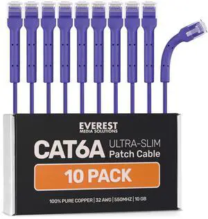 Everest Ultra Slim Cat6a Ethernet Patch Cables 3ft (10-Pack) Purple - 10GB Cat 6a Patch Cable - Bendable, Flexible & Thin Ethernet Cable - Space Saving 32AWG 550MHZ Cat6a Cables - 100% Copper Wires