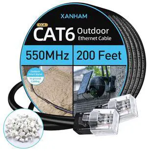 XANHAM Cat6 Outdoor Ethernet Cable 200 Feet Waterproof and UV Resistant Direct Burial Jacket CCA Copper Clad Cat 6 UTP Network Cable for Internet and Camera, CCTV