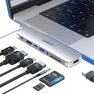 USB C Adapter HDMI USB Multiport Hub, Designed for MacBook Pro/Air with Case, 8 in 2 Accessories with 4K@60hz HDMI, Thunderbolt 3, USB C and 3 USB A 3.0 Data Ports SD TF Card Reader, Audio (Sliver)