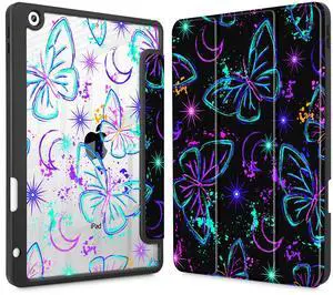 Mektron Printed Case for iPad 10.2 Inch 2021/2020/2019, for iPad 9th/8th/7th Generation Case, Buit in Pencil Holder with Shockproof Cover Clear Shell + Trifold Stand, Fantasy Butterfly