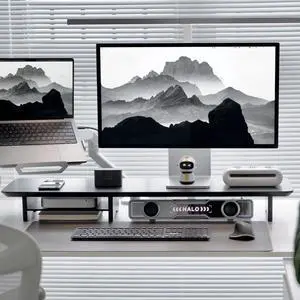 ROCDEER Bamboo Dual Monitor Stand Riser Black, 2-Tier Desk Monitor Riser for 2 Monitors, Supports for PC Computer Monitor, Printer, Heavy TV Riser up to 300 lbs