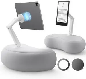 SAIJI Kindle Pillow Stand - Magnetic iPad Stand Compatible with Kindle, Tablet, iPad, iPhone, 360° Tablet Holder for Bed with Ergonomic Pillow and Dual-Jointed Arm, 2 Free Magnetic Sheets (Gray)