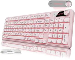 EWEADN V102 Wired Keyboard, 98 Keys Creamy Gaming Keyboard with Number Pad, Display Screen & Media Knob RGB Silent Wired Cute Computer Keyboard for Laptop PC Gamer - Pink