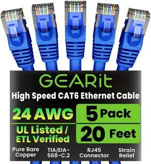 GEARit Cat 6 Ethernet Cable Pack - 5-Pack 20 ft Cat6 Ethernet Patch Cables | RJ45 Network Patch Cable, 10 Gbps Snagless Gold-Plated Connectors - Ethernet Cable Cat 6 for PC, TV, Router - Blue