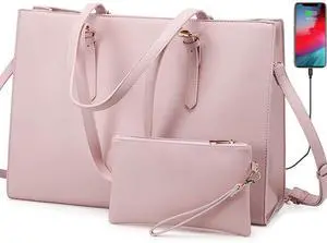 LOVEVOOK 17.3-inch Laptop Bag for Women, Large Capacity Travel Tote Bag with Clutch Purse 2PCs Set, Professional Business Computer Work Bag, Leather Shoulder Briefcase for Office Lady, Brown