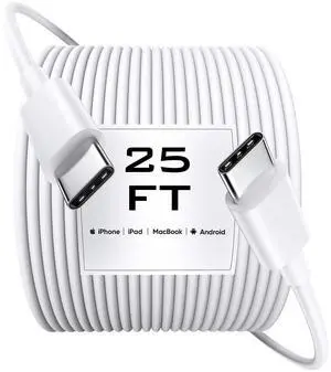 INPPYTON USB C to USB C Cable 25FT [60W Fast Charging, Extra Long Type C Cable] (No Data Transfer) for iPhone 16/15, Galaxy, Pixel, Switch, Camera & More - White