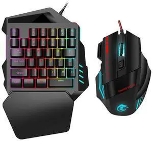 One Hand RGB Gaming Keyboard and Mouse Combo, USB Wired RGB Rainbow Letters Backlit Single Hand Mechanical Keyboard with Wrist Rest Support, for Windows/for Android