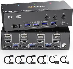 KVM Switch 3 Monitors 3 Computers 8K@60Hz 4K@144Hz, HDMI Dispalyport Triple Monitor KVM Switches with 4 USB3.0 Port for USB Devices, Support Extended/Mirror Mode, Wired Controller and USB3.0 Cables