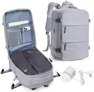 Vacuum Travel Backpack with Pump, Flight Approved Vacpack Backpacks for Women Men, Storage Vacuum Compression Bags with Shoe Compartment/17inch Laptop Compartment/USB Port, Grey, Large