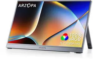 ARZOPA 16.1" Portable Monitor Gray, 100% sRGB FHD 1080P Kickstand Portable Laptop Monitor High Color Gamut Display IPS Eye Care Screen for High-end Office & Entertainment -Z1C Gray