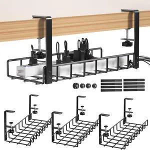3 Pack Cable Management Under Desk Tray, 47.1" No Drill Under Desk Wire Management with Upgraded Clamp, Metal Cord Organizers with Cable Organizers, PC Cord Organization Rack, Black