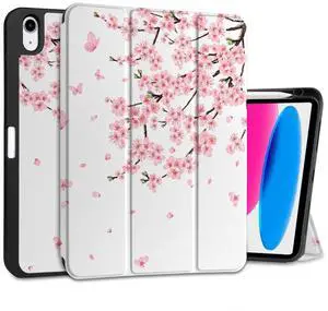 MEEgoodo Case for iPad A16 11th Generation 11 inch 2025/iPad 10th Generation 10.9 inch 2022, Tablet Cover with Trifold Stand + Pencil Holder + Auto Wake/Sleep + Soft TPU Back Cover, Cherry Blossoms