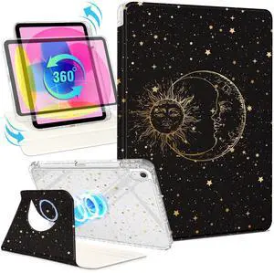 Shorogyt for iPad A16 11th Generation 11 inch 2025 /for i Pad 10th Generation case Magnetic Stand for Women - Cute Design 360 Degree Rotating Covers Girls Kids with Pencil Holder,Star Moon