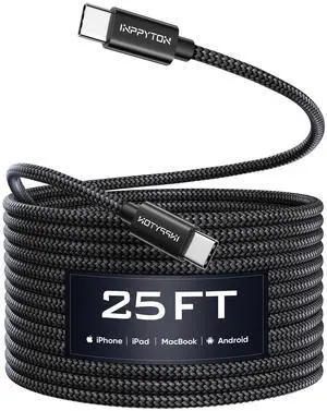 USB C to USB C Cable 25Ft [Braided Nylon, 60W Fast Charging] Type C to C Charger Cord for iPhone 16/15, Galaxy, MacBook, iPad Pro, Camera & More - Black