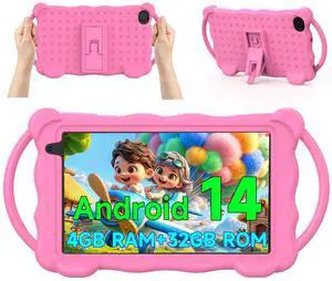 Vyrolinia Kids Tablet 7 inch Android 14.0 for Toddler, 4GB RAM 32GB ROM Bluetooth IPS Screen Google Play YouTube Parental Control Dual Camera Shockproof Case for Educational Games (Pink)