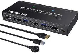 KCEVE 4K KVM Switch 2 Monitors 2 Computers HDMI DP, USB 3.0 KVM Switch Dual Monitor 4K@60Hz MST for 2 Computer Share Keyboard Mouse, with Wired Remote
