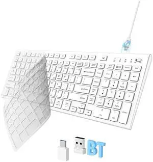 FENIFOX Wireless Keyboard, Bluetooth + USB Ergonomic Silent Quiet Rechargeable with Number Pad Compact Full Size Multi Device Keyboards for iPad Tablet Mac Computer Surface PC MacBook Laptop White