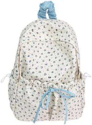 Cute Aesthetic Bow Backpack for Women Kawaii Floral Print Preppy College Book Bag Trendy Coquette Laptop Daypack (Blue)