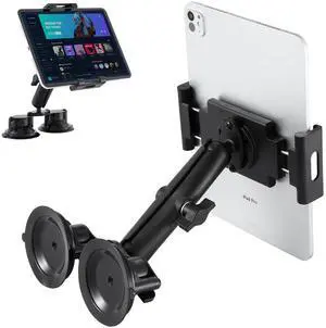 Aluminum Tablet Holder with Dual Suction Cup Base for Truck Car/Boat Windshield, Tablet Stand Fits iPad Air 13", iPad Pro 12.9" and Other 4.7-15" Tablets, Mount on Window Bathroom Mirror