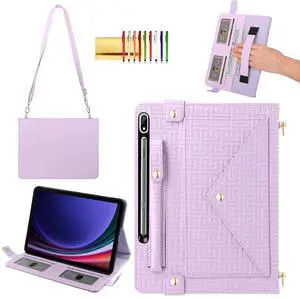 Handbag Case for Samsung Galaxy Tab S8+/S7+/S7 FE 12.4", Techcircle Elegant Crossbody PU Leather Folio Envelope Pocket Stand Cover with Hand Strap+Shoulder Strap+Pencil Holder+Card Slots, Lavender