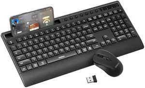 seenda Bluetooth Keyboard and Mouse Combo, COE201 Multi-Device Ergonomic Keyboard Mouse with Phone Holder, Full Size Wireless Quiet Combo Compatible for Windows, Laptop, MacBook, PC, iPad - Black