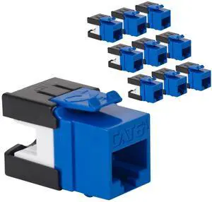 ICC CAT6A Keystone Jack with Slim Profile 180 Degree Punch Down, 10Gbps RJ45 UL Listed PoE++ TAA Compliant for Wall Plate or Patch Panel, Works with JackEasy Termination Tool, Blue 10 Pack