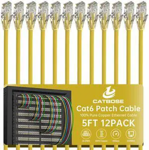 5 Feet Cat6 Patch Cables(12 Pack), Solid Pure Copper Patch Cord, Cat 6 Ethernet Cable, UTP Network, High Speed RJ45 Internet Cables, Compatible for Router, Switche, PC, Server, PS4/5, Xbox - Yellow