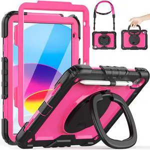 HXCASEAC Case for Kids iPad A16 11th/10th Generation, Full Body Protective with 360 Degree Rotating Handle Stand, Screen Protector, Pencil Holder, Shoulder Strap (A2969/A2757/A3354/A3355/3356) - Rose