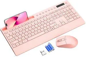Pink Keyboard and Mouse Wireless, 2.4G Lag-Free Cute Keyboard Combo with Ergonomic Wrist Rest, Phone Holder & Batteries Included, Cordless Silent Key Board Set for Computer, PC, Windows - Trueque