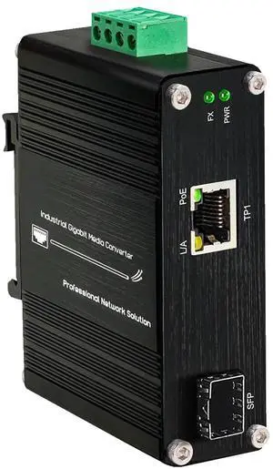 Mini Industrial 30W PoE+ Media Converter  DIN-Rail or Wall-Mount, 100/1000BASE-X SFP to 10/100/1000BASE-T, Full/Half-Duplex, IEEE 802.3af/at,-40°F to 167°F Operating Temperature