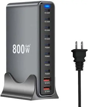 800W USB C Fast Charger Block, 10 Ports GaN III USB Chagring Station, Dual 140W PD PPS HUB for Multiple Devices, Laptop Adapter Compatible with MacBook Pro/Air iPad iPhone Pro Max, Galaxy, Dell, HP