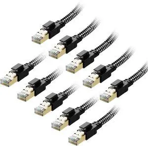Cat 8 Ethernet Cable 3 ft 10-Pack, Nylon Braided High Speed Heavy Duty Network LAN Patch Cord, 40Gbps 2000Mhz RJ45 Flat Internet Cable Shielded in Wall, Indoor&Outdoor for Modem/Router/PC