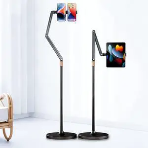 Mechrig Tablet Floor Stand, Angle& Height Adjustable iPad Floor Stand, 2025 Dual-Device iPad & Phone Mount, 360°Tablet Holder for Live Streaming, Overhead Shots & Multi-Angle Recording (4.7"-13")