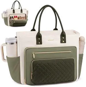 LOVEVOOK 17 Inch Laptop Tote Bag for Women, Teacher Nurse Work Bags, Laptop Bag With Large Cup Holder, Professional Briefcase Business Computer Purses Handbag,Light Green-Beige-Olive Green