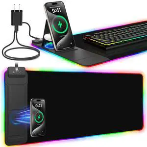 RGB Mouse Pad with Foldable Phone Stand & Wireless Charger, 31.5"x11.8" XL Gaming Mousepad Large Desk Mat, Desk Pad with Dual Charging for Phone & AirPods | 11 Colors & 5 Modes | Waterproof
