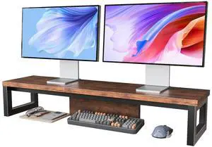 HEWORLIF Dual Monitor Stand Riser, Wood and Steel Monitor Riser, Long Computer Monitor Stands for 2 Monitors, Desk Shelf for Computer, Laptop, Printer, TV, Brown