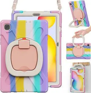 PboyiqiS Case for Galaxy Tab S6 Lite 10.4" 2024/2020/2022 (SM-P620/P625/P610/P615), Heavy Duty Protective Case with S Pen Holder&360 Degree Swivel Stand&Hand Strap&Shoulder Strap (Colourful Pink)