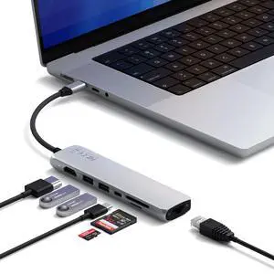Satechi 7 in 1 USB C Hub Multiport Adapter with Ethernet, HDMI 4K@60Hz, 100W PD Charging, 2X USB-A Data Ports, Micro/SD Card Readers for MacBook Air/Pro M4, iPad, Windows - Silver