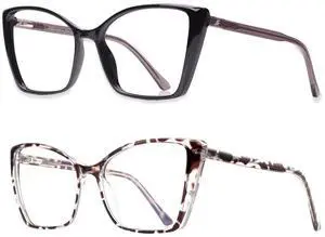 JFXQDR 2 Pack Blue Light Blocking Glasses for Women, Oversized Trendy Cat Eye Computer Gaming Glasses Anti Glare & UV Glare RF6204 (Black + Leopard Cateye Frame)