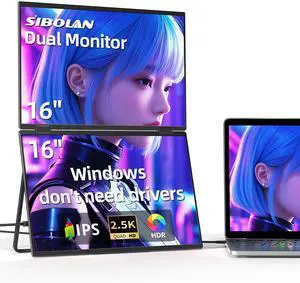 sibolan 16" 2.5K Dual Portable Monitor 2560×1600,350 Nits,Metal Aluminum Shell Foldable Dual Screen Laptop Extender with USB-C/HDMI,Plug & Play for Productivity,Gaming & Travel