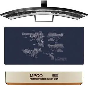 MPCO. Blueprints Large Gaming Desk Pad - 36" x 17" Duraglyde Fabric Pistol 38  Blue Desk Mats - Non-Slip, Washable, Smooth Glide for Precision Gaming & Work