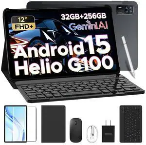 DOOGEE Tab E3+ Android 15 Tablet,Helio G100 Octa-Core,12 inch Tablet,32GB+256GB/TF 2TB,90Hz Display,8800mAh,Tablets with Keyboard,Pen, Mouse & Case,13MP+5MP,Gemini AI/Dual SIM/Face ID/OTG/GPS,Black