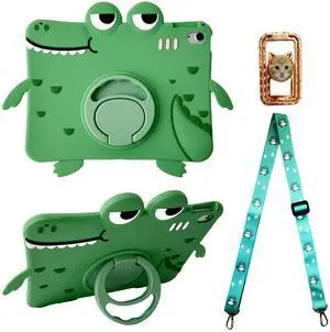 Green Dinosaur Kids Case with Strap for iPad 10th Generation 10.9 inch 2022,3D Kawaii Cute Cool 360 Rotation Kickstand Dinosaur Kids Girls Boys Women Soft Silicone Case with Cat Kickstand