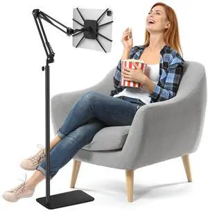 BIGASUO Tablet Floor Stand,Universal Metal Tablet Holder,Overhead Bed Mount Height Angle Adjustable Stand, 360° Rotation Floor Holder for iPad, Kindle, Tab,Phones, E-Readers(7-12.9 Inch)